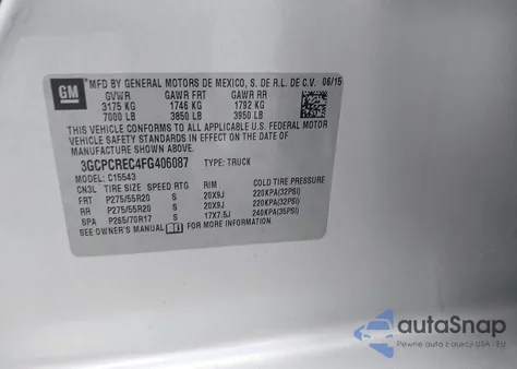 2015 Chevrolet Silverado 1500 1Lt z USA, uszkodzony, nr VIN 3GCPCREC4FG406087